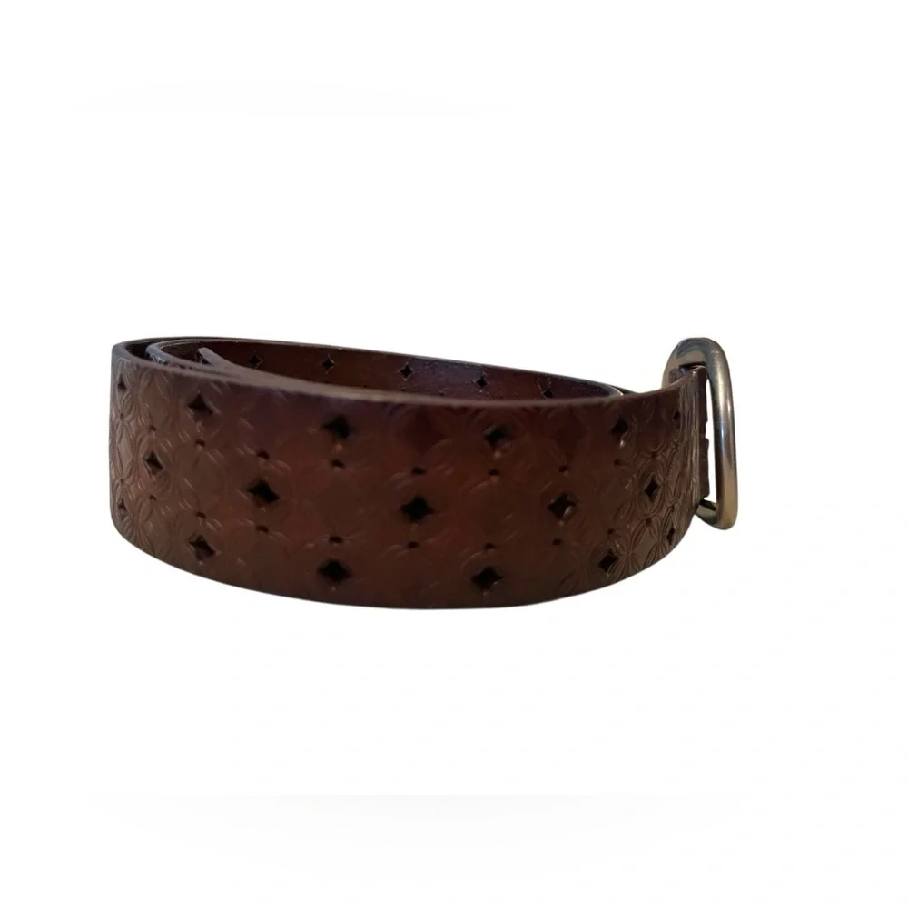 Fossil Brown Embossed Laser Cut Leather Belt with Silver Buckle Sz S/M
